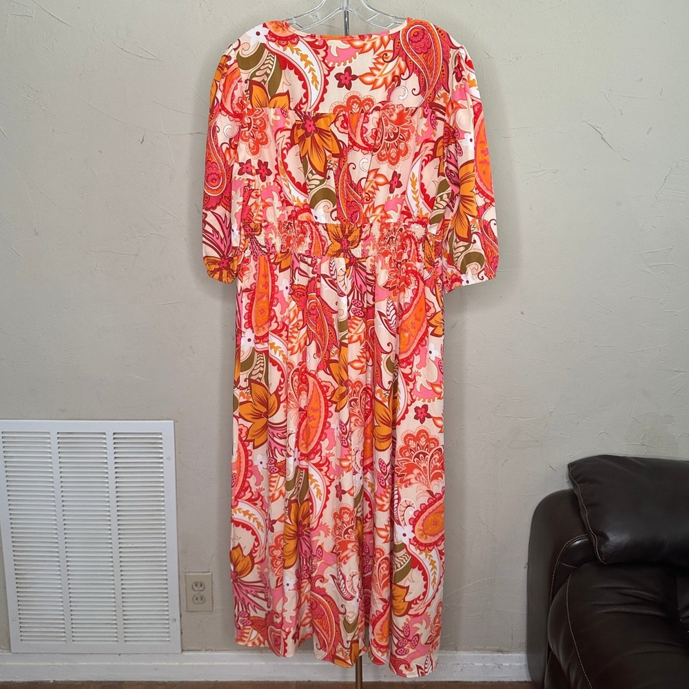 KorMei Pink Orange Floral Paisley Smocked Waist Boho Maxi Dress Womens XL V-Neck - Picture 2 of 8
